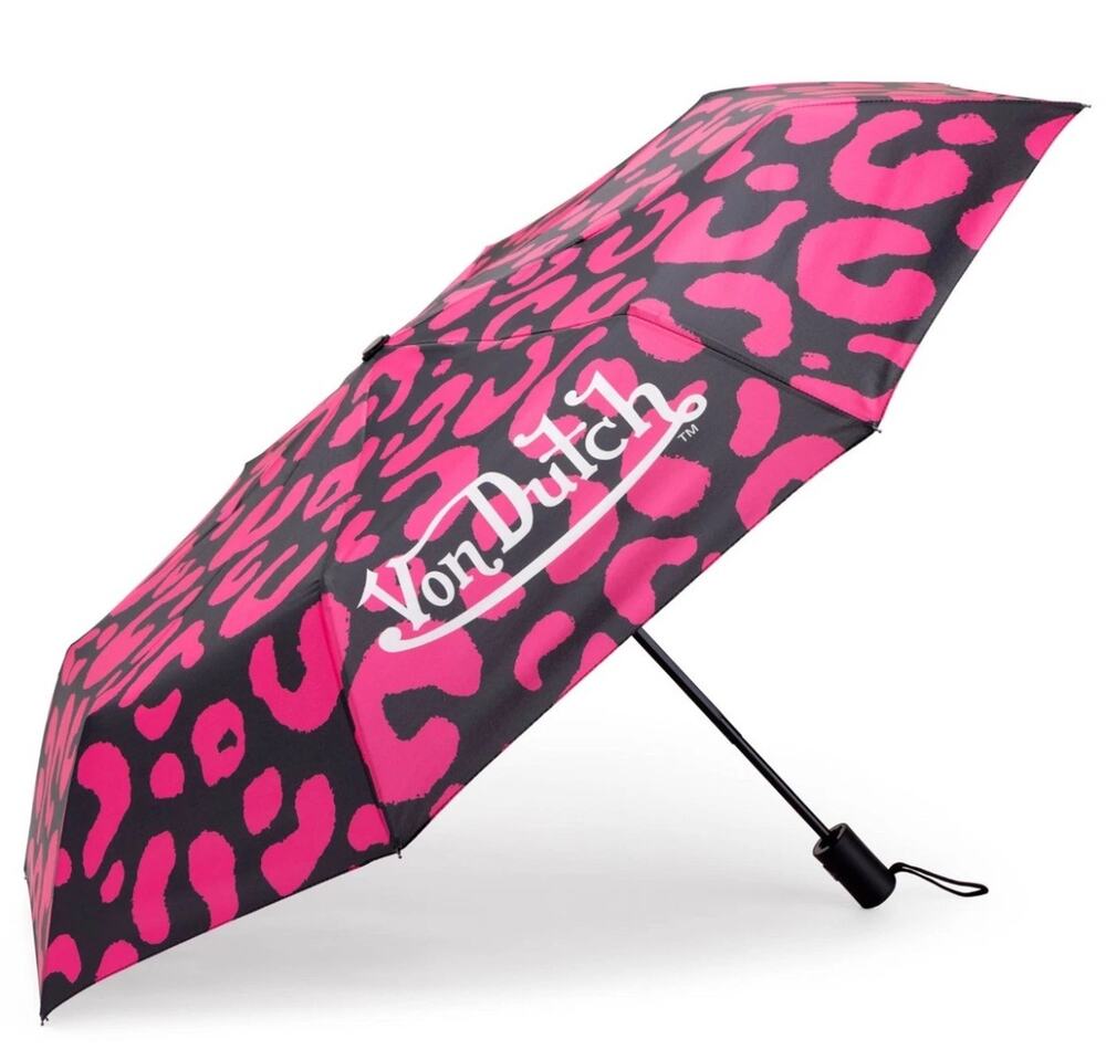 Von Dutch Hot Pink Cheetah Compact Automatic Umbrella, Strong & Portable